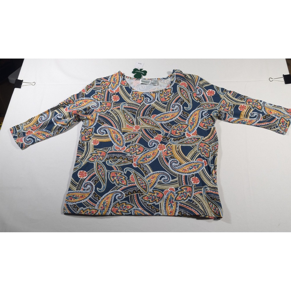 Shenanigans Top Women Large Blue Paisley 3/4 Sleeve Cotton Blend Knit Pullover